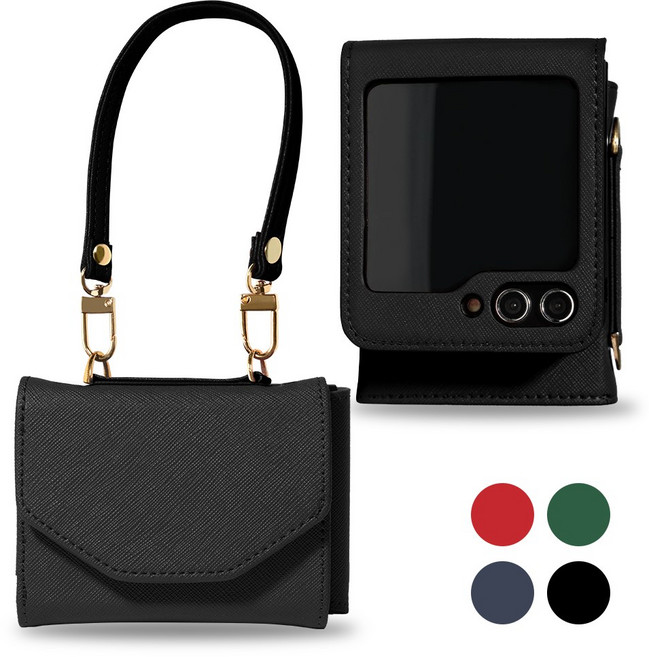 맥스코어 Z플립 천연소가죽 사피아노 카드 지갑 케이스 + 어깨 스트랩 + 손목 스트랩