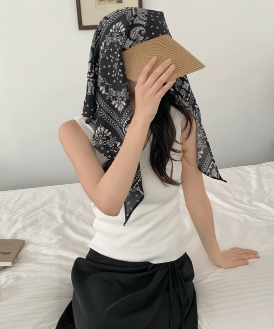 [자체제작] 하이퀄리티 UV 자외선 완벽 차단 페이즐리 라탄 스카프 선캡 밀짚 왕골 비니 두건 반다나 헤어 모자