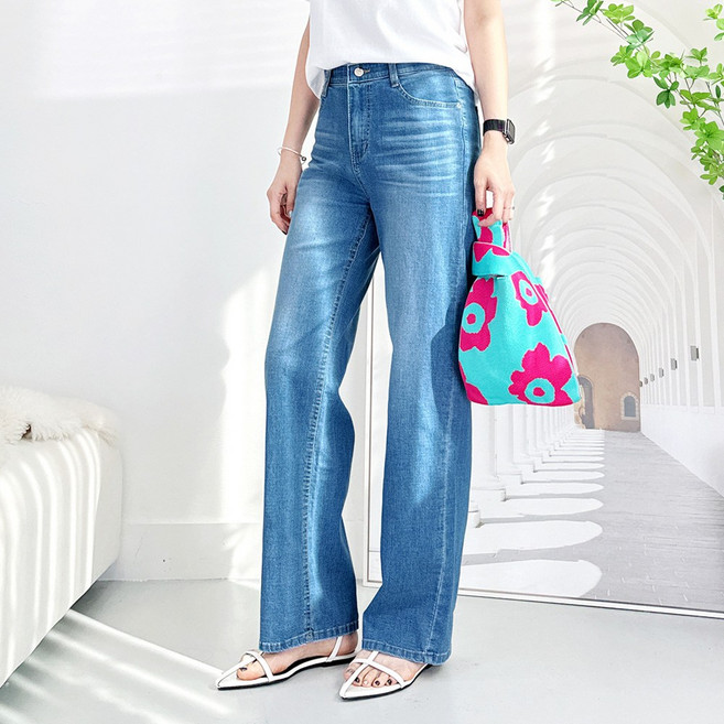 103st 기능성 쿨원단 세미 와이드 여름 청바지 연청 진청/여성 밴딩 스판 일자 통청바지 빅사이즈 S~3XL