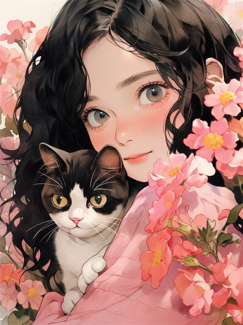 꽃속 고양이 안고 있는 걸 우드 조각퍼즐 행운소녀 미녀 미인도 북유럽 감성 인물화 컬렉션그림퍼즐 300 500 700 1000조각, 꽃속 고양이 안고 있는 걸 일러스트퍼즐6, 300피스, 1개