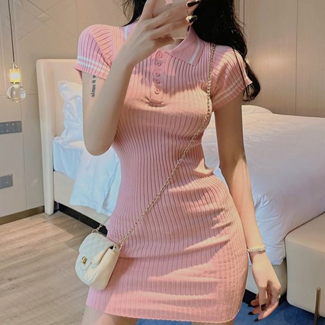 노이디제이 배색라인 카라넥 골지 미니원피스 DJ1058