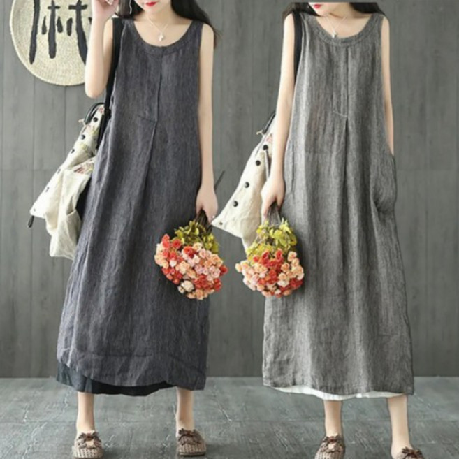 여성 편안한 스트라이프 린넨 롱 원피스 중년 엄마 시원한 민소매 면마 나시 원피스 빅사이즈