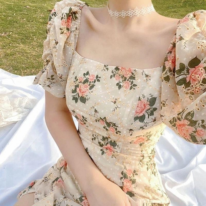 法式方領泡泡袖碎花連衣裙, 花色