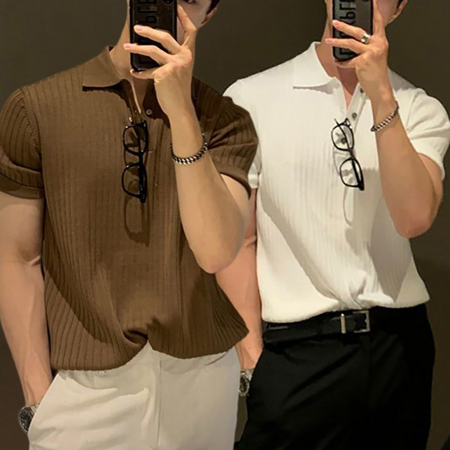 로르카 남성 카라넥 버튼 골지 디자인 슬림핏 반팔 캐주얼 스타일 편안한 티셔츠 M01031518