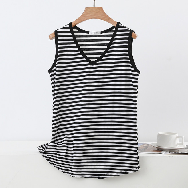 여성 브이넥 줄무늬 민소매 티셔츠 여름 기본핏 통기성 나시 WXG-726