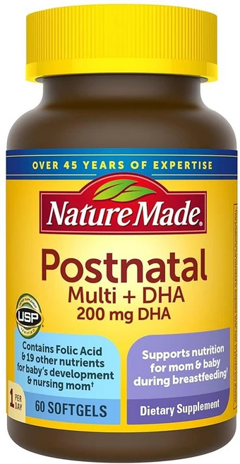 Nature Made Postnatal Multi + DHA 네이처 메이드 포스트네이털 멀티비타민 산후 영양제 60소프트젤, 1개, 60정 - 쿠팡