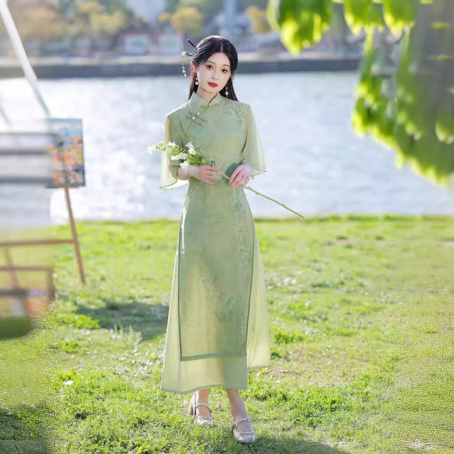 DFMEI 綠色旗袍新款夏季新中式改良年輕款少女茶服蘭花高考送考
