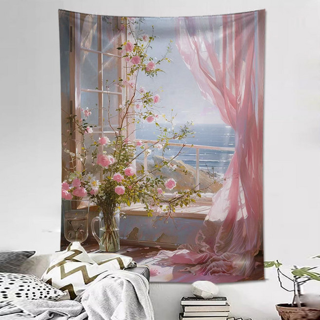 臥室背景布 印象派油畫豎版掛布 房間裝飾遮醜布 床頭裝飾布, 印象派 豎版01,高1米寬0.7米送安裝包