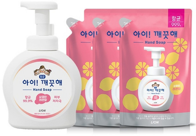 [LION] 아이깨끗해 거품형 대용량 490ml용기+450mlx3개 (레몬/청포도/순) /, 1개