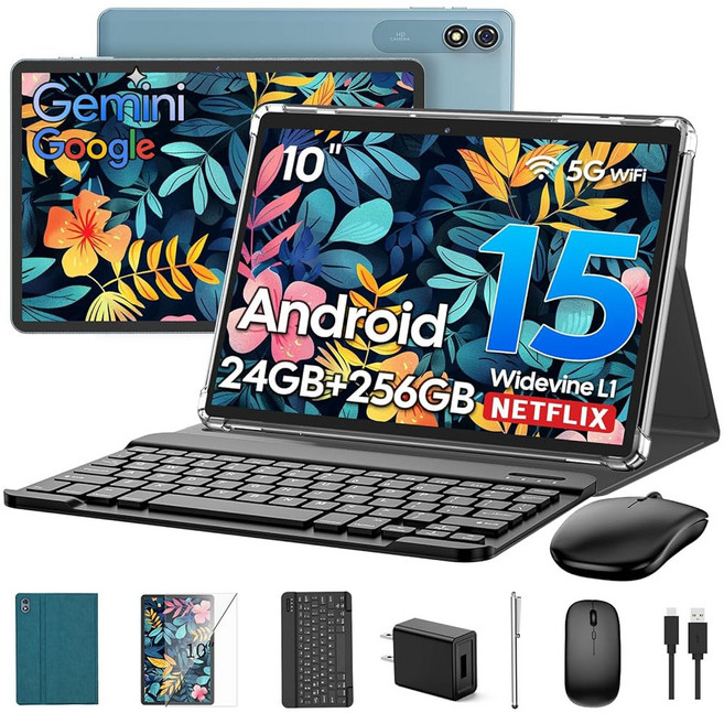 2026년 안드로이드 15 태블릿 키보드 24GB RAM 256GB ROM 2TB 확장 제미니 AI 옥타코어 8000mAh GMS 와이드바인 L1 in 케이스 마우스 스타일러스, Green