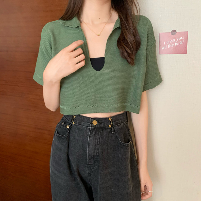 한국 기질 깊은 V 옷깃 단색 짧은 소매 코트 여성 2022 여름 새로운 느슨한 짧은 스웨터 여성