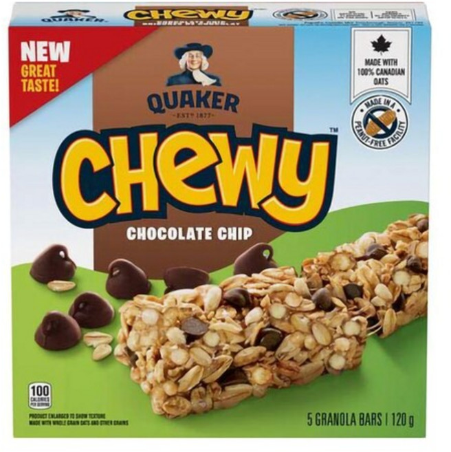Quaker 퀘이커 츄이 그래놀라 바 5바 초콜릿 칩 120g Chewy Granola Bar, 1개