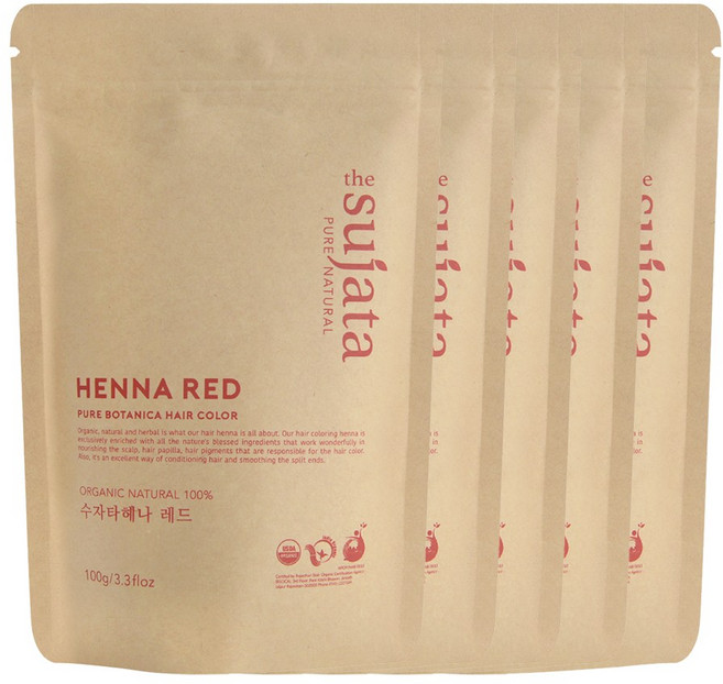 수자타 5개 유기농 천연100% 헤나 가루 염색약, 레드