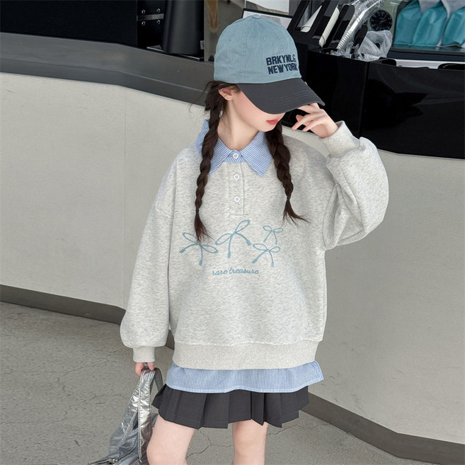 키즈목마 여아용 셔츠레이어드 리본자수 카라맨투맨 초등여아 주니어 봄 가을 데일리룩 702