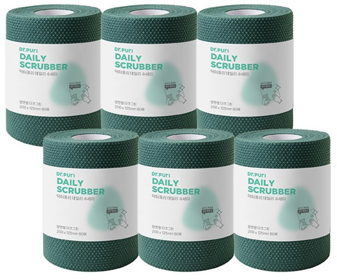 닥터퓨리 엠보싱 일회용수세미 롤형, 다크그린 소형, 6개