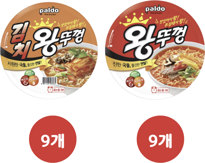 팔도 왕뚜껑 110g 9개 + 김치왕뚜껑 110g 9개, 18개