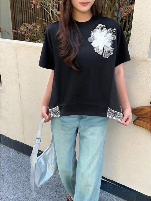 蕾絲花上衣 黑色