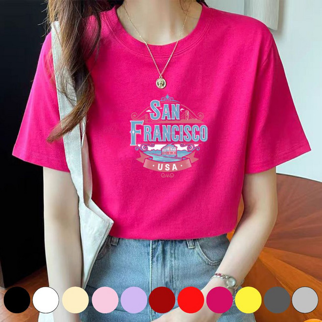 그리내 여성 라운드넥 여름 프린팅 반팔티 커플티 이너 홈웨어 레터링 면 티셔츠