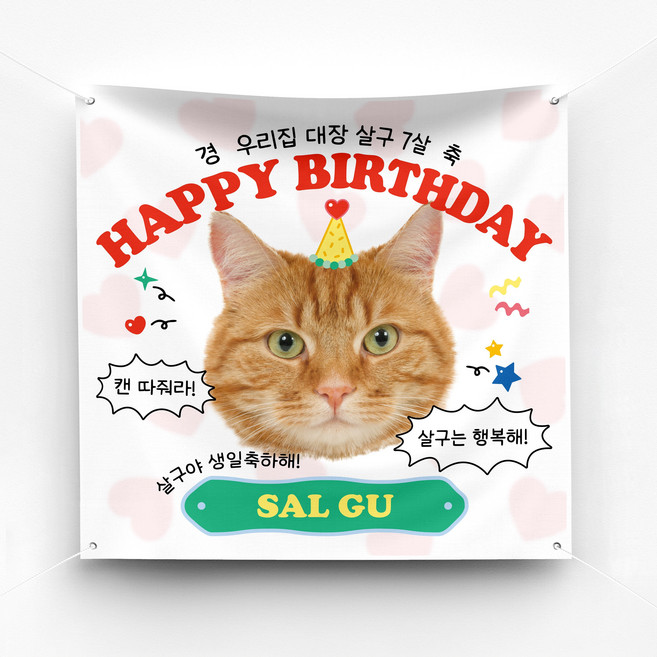 솔메이드 재밌고 귀엽고 힙한 강아지 고양이 반려동물 생일 현수막 Ver.하트뿅뿅, 03-화이트, 130X130, 기본(면고리+벨크로)
