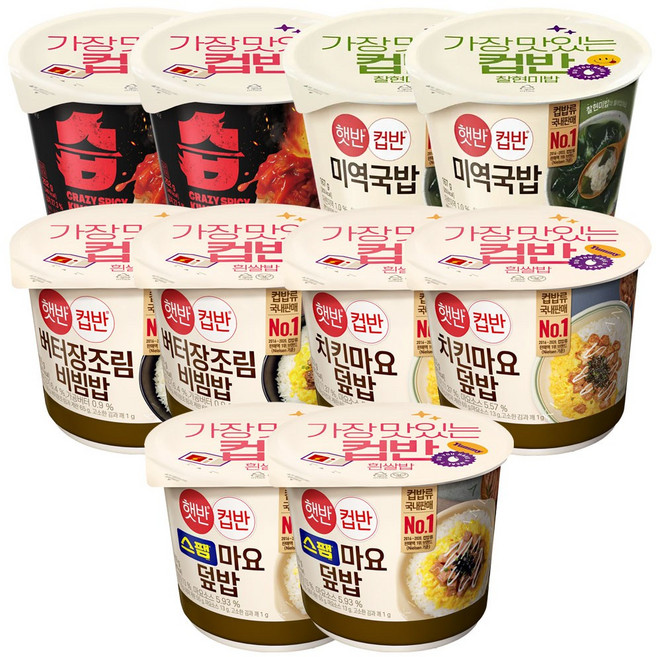 햇반컵반5종 습김치2+미역국밥2+버터장조림2+치킨마요2+스팸마요2, 1세트