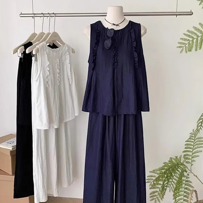 FANSYLI 심플 캐주얼 와이드 팬츠 세트 여성 루즈핏 민소매 블라우스+하이웨이스트 와이드 팬츠 투피스 데일리 루즈핏 캐주얼 바캉스 세트 오피스룩 빅사이즈 X2506J27