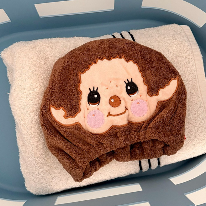 몬치치 몽치치 머리 헤어 드라이 샤워 캡 타월 타올 정품 몬치치군 얼굴 세안 세수 목욕 머릿 말리는 수건 모자 일본 캐릭터 굿즈, 1개