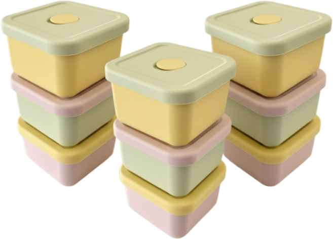 실리연구소 실리콘 냉동밥보관용기 300ml 전자레인지 밥 소분 냉동 밀폐 사각 용기, 9개, 버터+그린+핑크