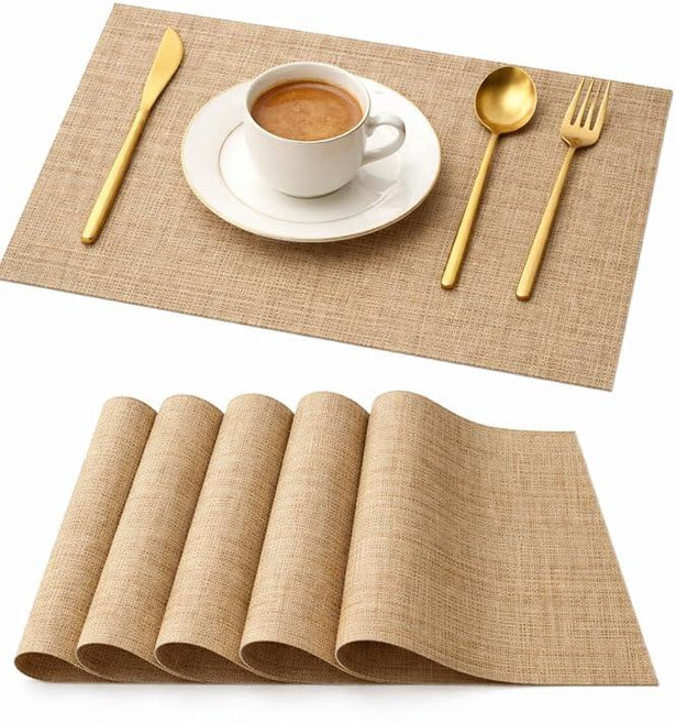 플레이스 매트 6개 세트 - PVC 우븐 비닐 내열성 미끄럼 방지 세탁 가능 및 내구성 있는 식탁 (아주르 골드) SERENE FLAMES 261157, Azure Gold