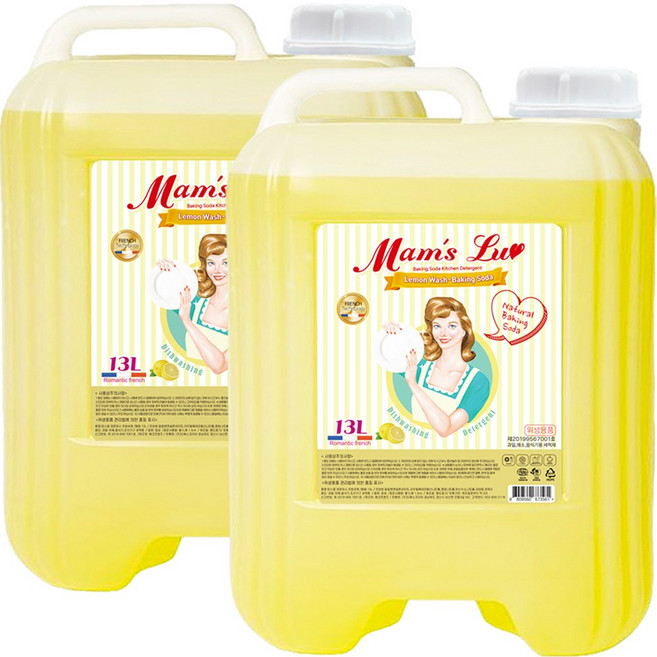 [맘스럽] 레몬워시 주방세제 13L x 2개 베이킹소다 특대용량 과일 채소 세척용 피부저자극 탈취인증 가정용 업소용