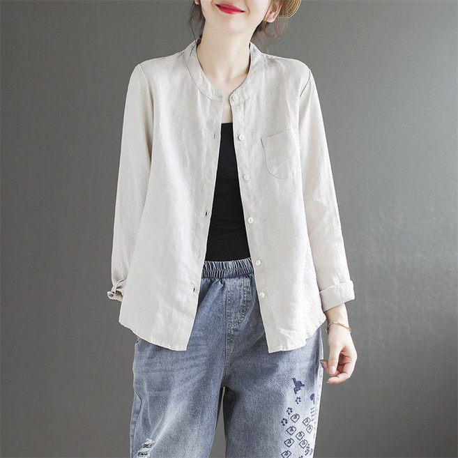 Makone 여성 솔리드 캐주얼 심플 트랜드 코디네이터 린넨 데일리 블라우스