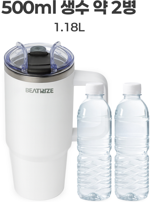 베아트리체 텀블러 대용량 1.18L 보온 보냉 빨대형 손잡이 포함 진공 컵 예쁜 색상, 1180ml, 화이트, 1개