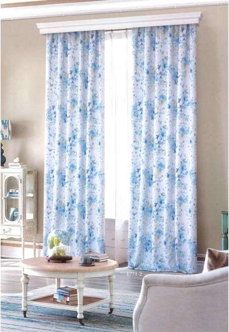 清新優雅鄉村風三明治布窗簾 兩片式 藍色碎花 附贈配件, 詳見包裝