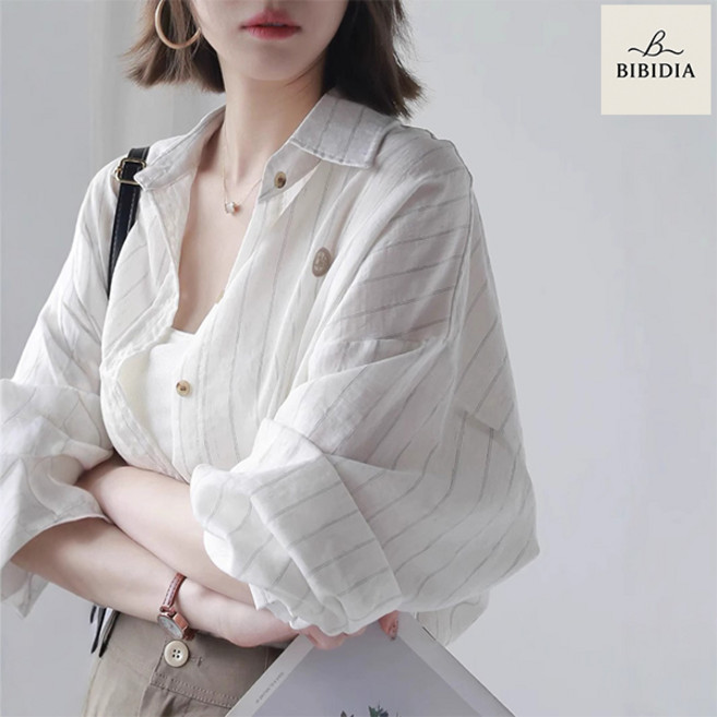 비비디아 여성 여름 스트라이프 셔츠 캐주얼 데일리 루즈핏 자외선 차단 긴소매 쿨링 카라넥 상의 5496