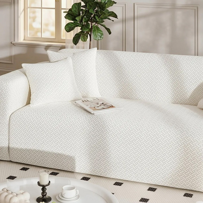 [먼지 없는] 커버무드 헤링본 고탄력 소파커버+자체제작 고정 스펀지, 화이트, 1개