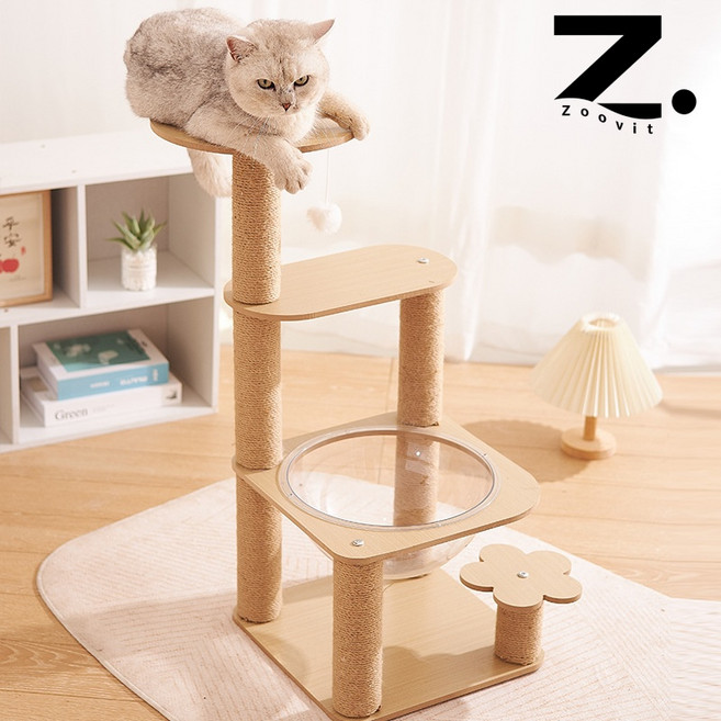 Zoovit 원목 캣폴 고양이 놀이터 고퀄리티 전망대 고양이장난감 대형 및 소형 고양 일상 캣타워, 원목색, 1세트