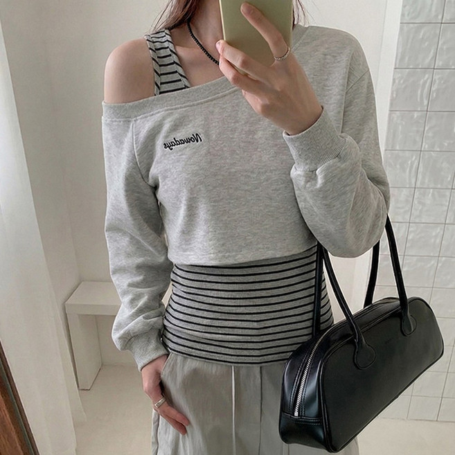 타니즈 슬론피 여성 스트라이프 나시 오프숄더 크롭 맨투맨 세트