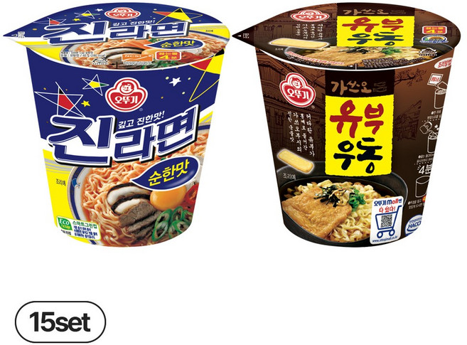 오뚜기 진라면 순한맛 컵 65g 15개+유부우동 컵 62g 15개(총 30개), 30개