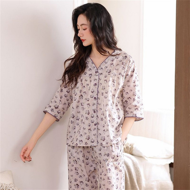 Vezri 여성 봄여름 패턴 반팔 부드러운 투피스 파자마 홈웨어 단추 디자인
