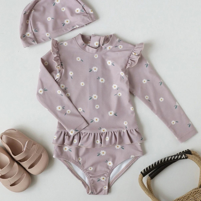 女童長袖泳衣 碎花荷葉邊泳裝