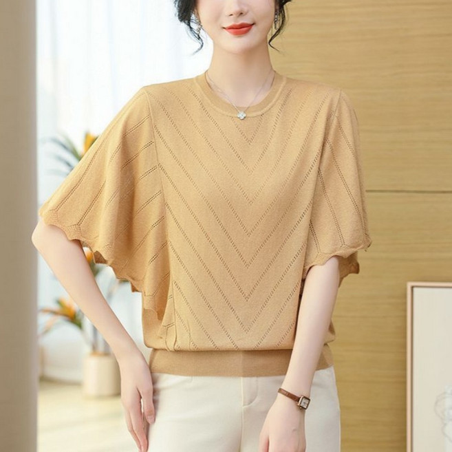 Makone 여성 라운드넥 솔리드 펀칭 니트 티셔츠 가오리핏 쿨링 편한 루즈핏 풀오버 상의 빅사이즈 블라우스