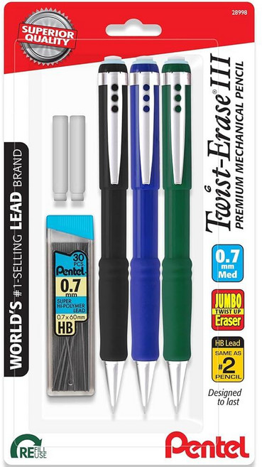 펜텔 Pentel Twist Erase III 샤프 0.7mm - 사전 장착 슈퍼 하이 폴리머 HB 심 멀티컬러 배럴 3개 팩 + 및 지우개 리필, 펜텔 Pentel Twist Erase III 샤프 0