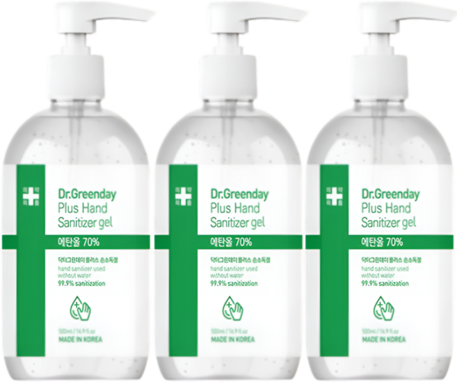 닥터그린데이 플러스 손소독제 에탄올70% 펌프형 겔타입, 3개, 500ml