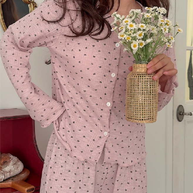 플로레 리본 스판 펀칭 여성 잠옷 긴팔 파자마 세트 홈웨어 2color