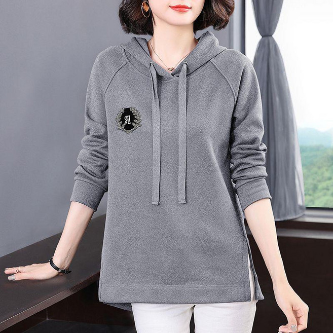 중년여성 가을 후드티 엄마 맨투맨 니트 반팔 티 루즈핏 솔리드 긴팔 캐주얼 스타일 풀오버 상의 3컬러