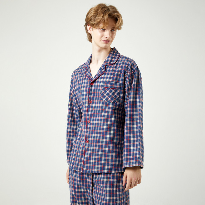 헬로키티 X 엘리자베스 국산 겨울 블루 체크 긴팔 여성 남성 커플잠옷세트 원피스