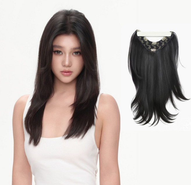 SEVOREN 레이어드컷 가발 붙임머리 C컬 볼륨 일체형 긴머리 숱 보강 길이 연장 부분가발, 1개, 내추럴블랙