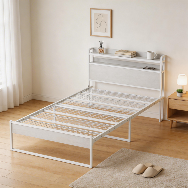 ONESOWON 철제 메쉬 침대 프레임 원룸 헤드형 수납 선반 2단 포함 매트리스 깔판, 화이트