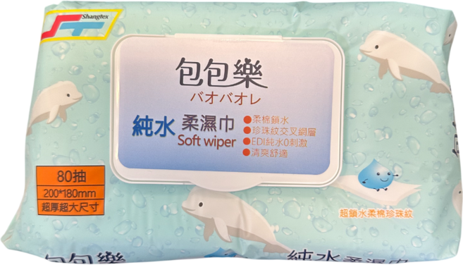 包包樂純水柔濕巾/有蓋 80抽/包 200*180mm, 12包, 1箱, 69.5g