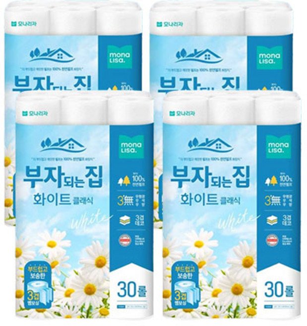 모나리자 부자되는집 화장지 화이트 3겹30롤1팩 세트4팩 천연펄프휴지, 4개, 30롤, 20m