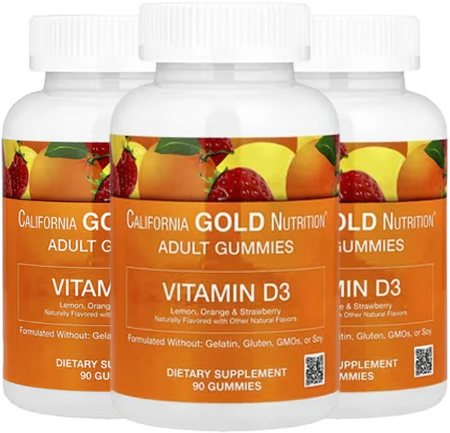 캘리포니아골드뉴트리션 비타민 D3 구미젤리 젤라틴 없음 글루텐 없음 혼합 베리 및 과일 맛 25mcg(1 000IU) 구미젤리 90개, 3개, 90정 - 쿠팡